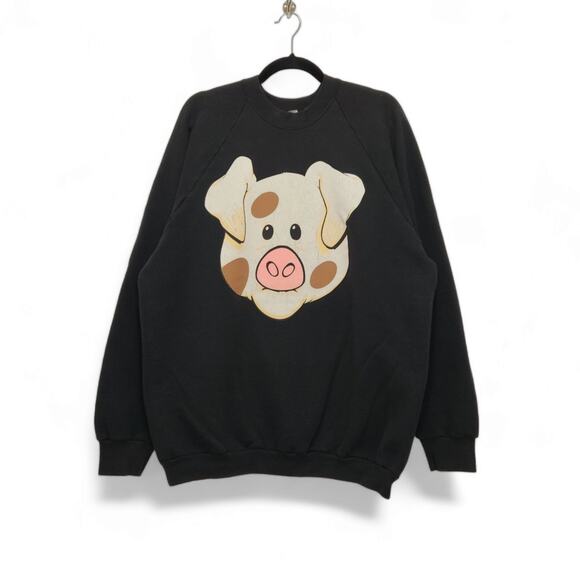 Vintage Pig Art Nature Portrait Raglan Crewneck Sweatshirt Black Earth Farm - Picture 1 of 4
